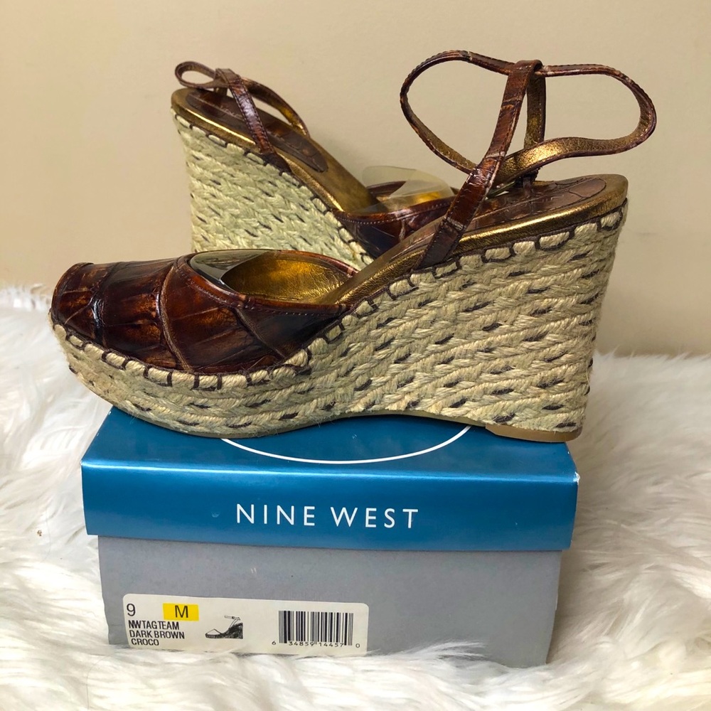 Nine West Dark Brown Croc Peep Toe Wedge Sandal